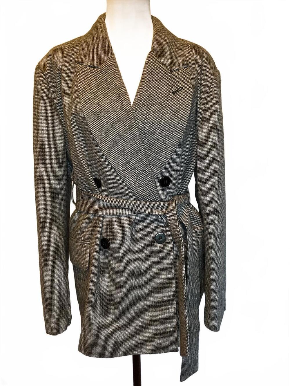 COMMENSE Beige Black Check Oversized Belted Wool Blend Blazer Med Model Off Duty
